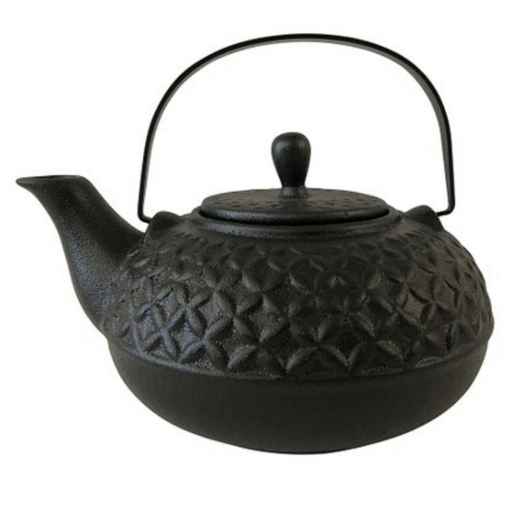 Stoneware Teapot Cast Iron Look Black Crosses